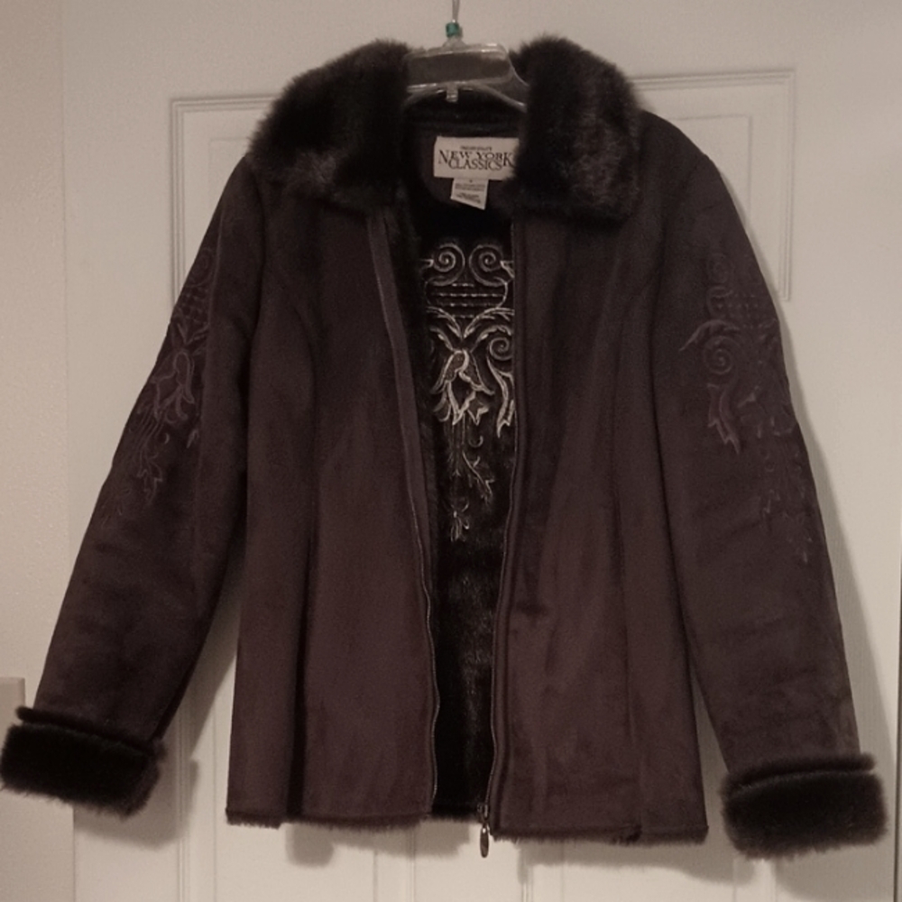 New York Classics Faux Suede Jacket with Faux Fur Trim